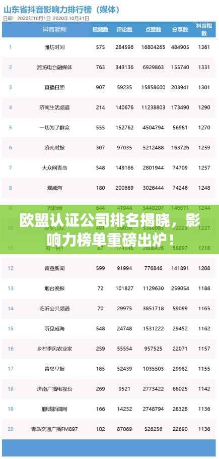 欧盟认证公司排名揭晓,影响力榜单重磅出炉!